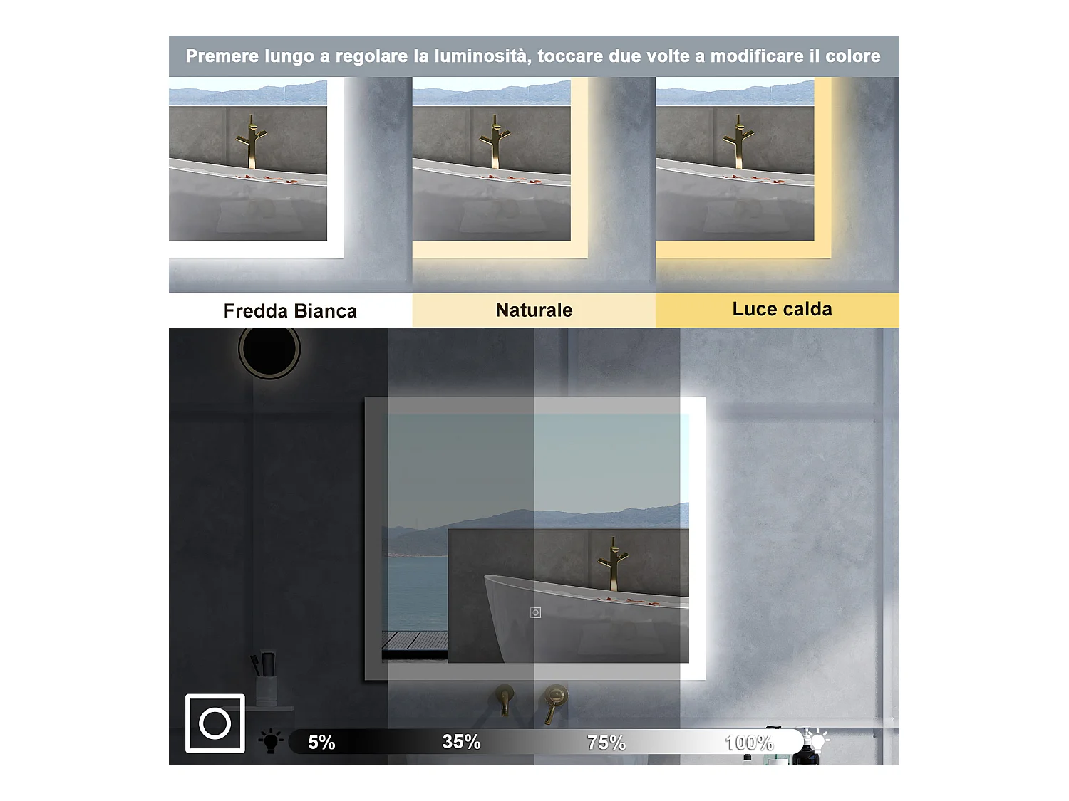 Specchio da bagno Rettangolare con 90x70cm,3 colori,Memoria, Antifog,Regorabile,Retroilluminato,doppio interruttore,