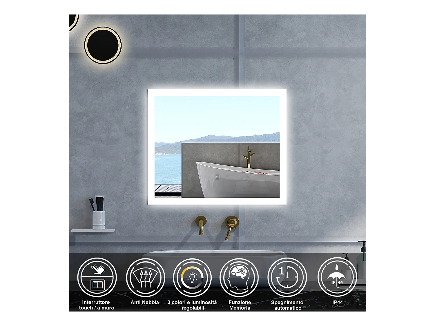 Specchio da bagno Rettangolare con 90x70cm,3 colori,Memoria, Antifog,Regorabile,Retroilluminato,doppio interruttore,