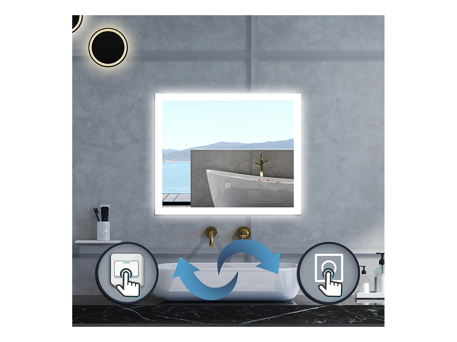 Specchio da bagno Rettangolare con 90x70cm,3 colori,Memoria, Antifog,Regorabile,Retroilluminato,doppio interruttore,