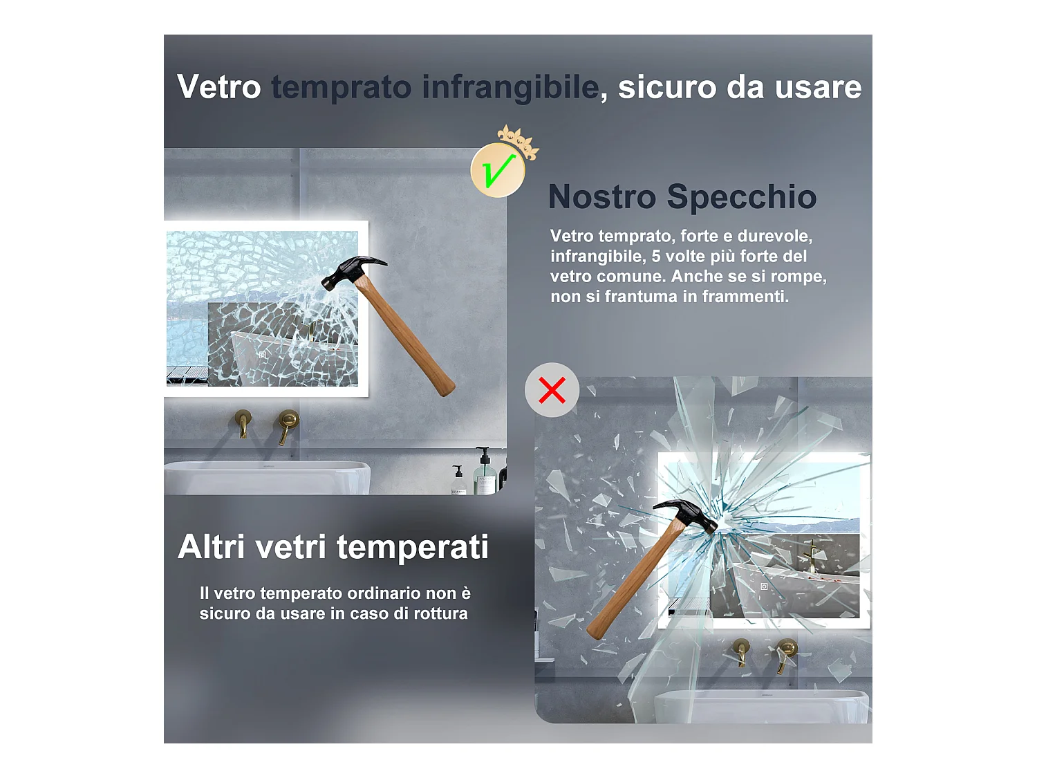 Specchio da bagno Rettangolare con 90x70cm,3 colori,Memoria, Antifog,Regorabile,Retroilluminato,doppio interruttore,