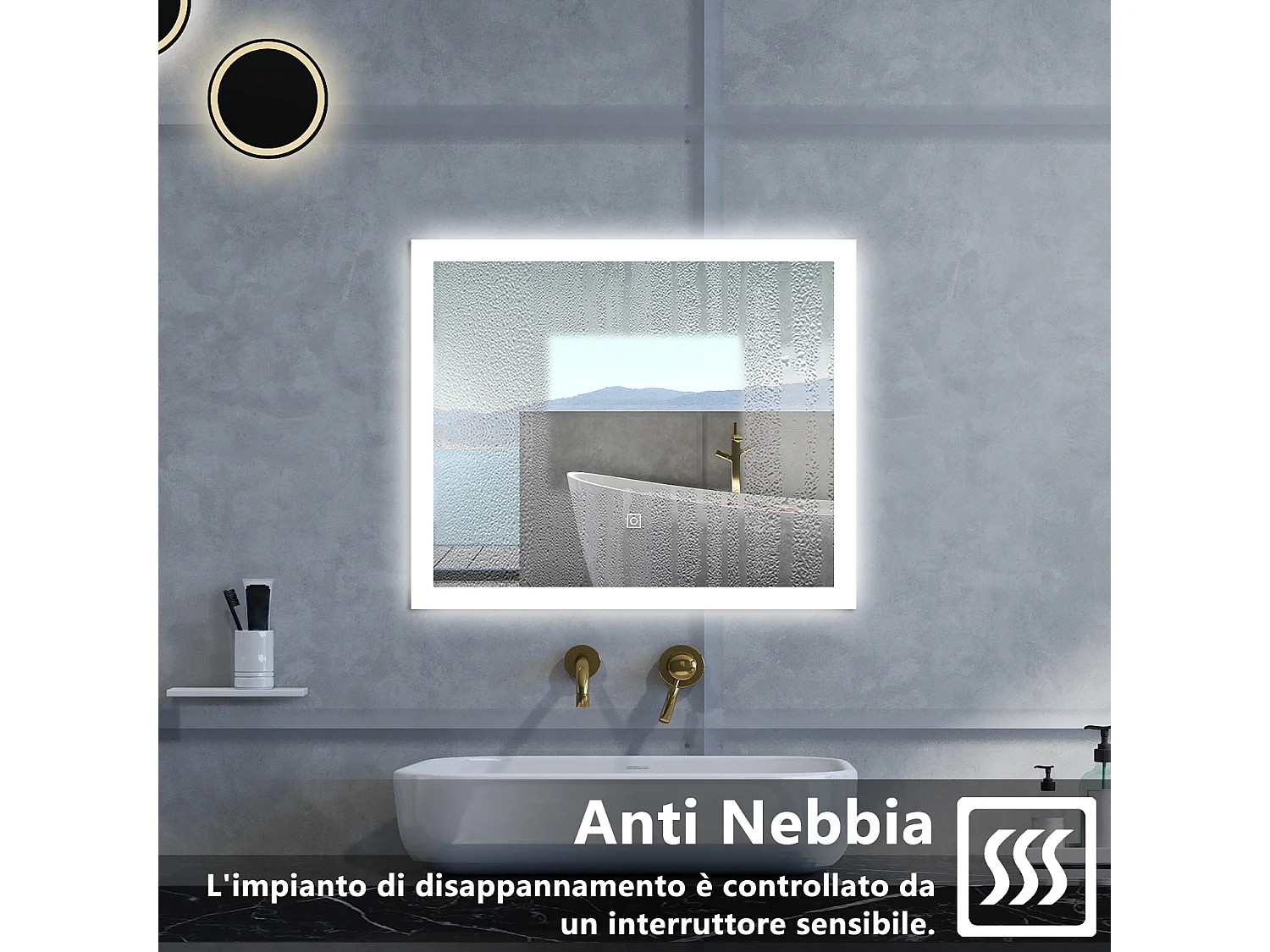 Specchio da bagno Rettangolare con 90x70cm,3 colori,Memoria, Antifog,Regorabile,Retroilluminato,doppio interruttore,