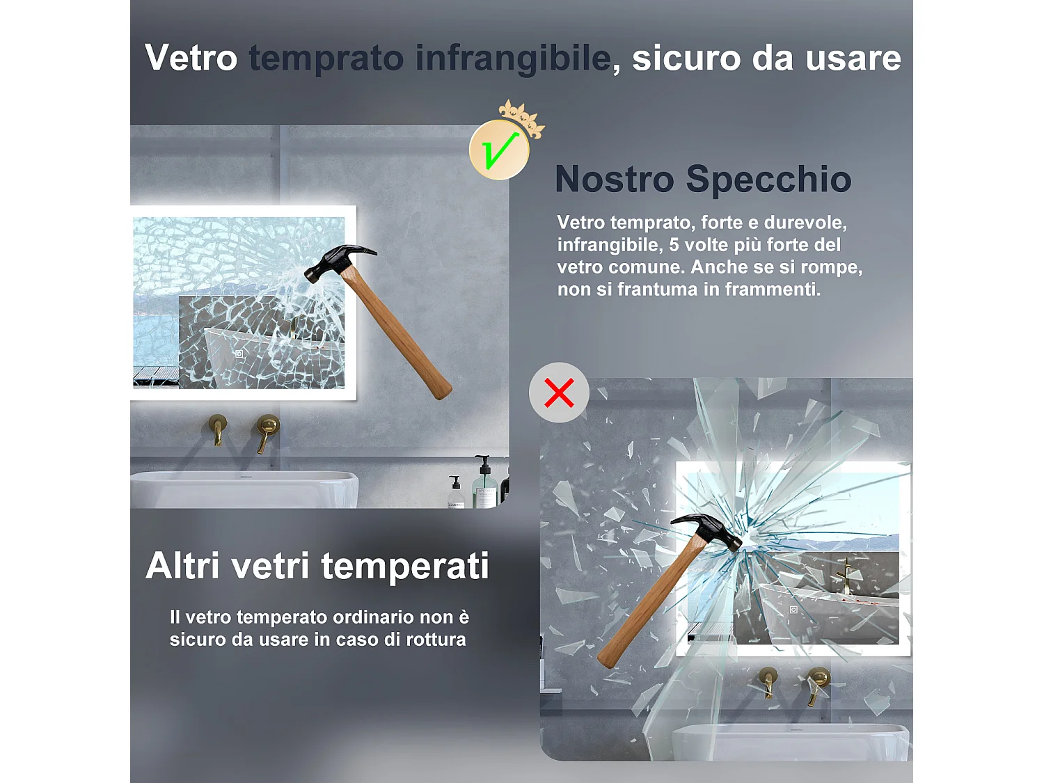 Specchio da bagno Rettangolare con 90x70cm,3 colori,Memoria, Antifog,Regorabile,Retroilluminato,doppio interruttore,