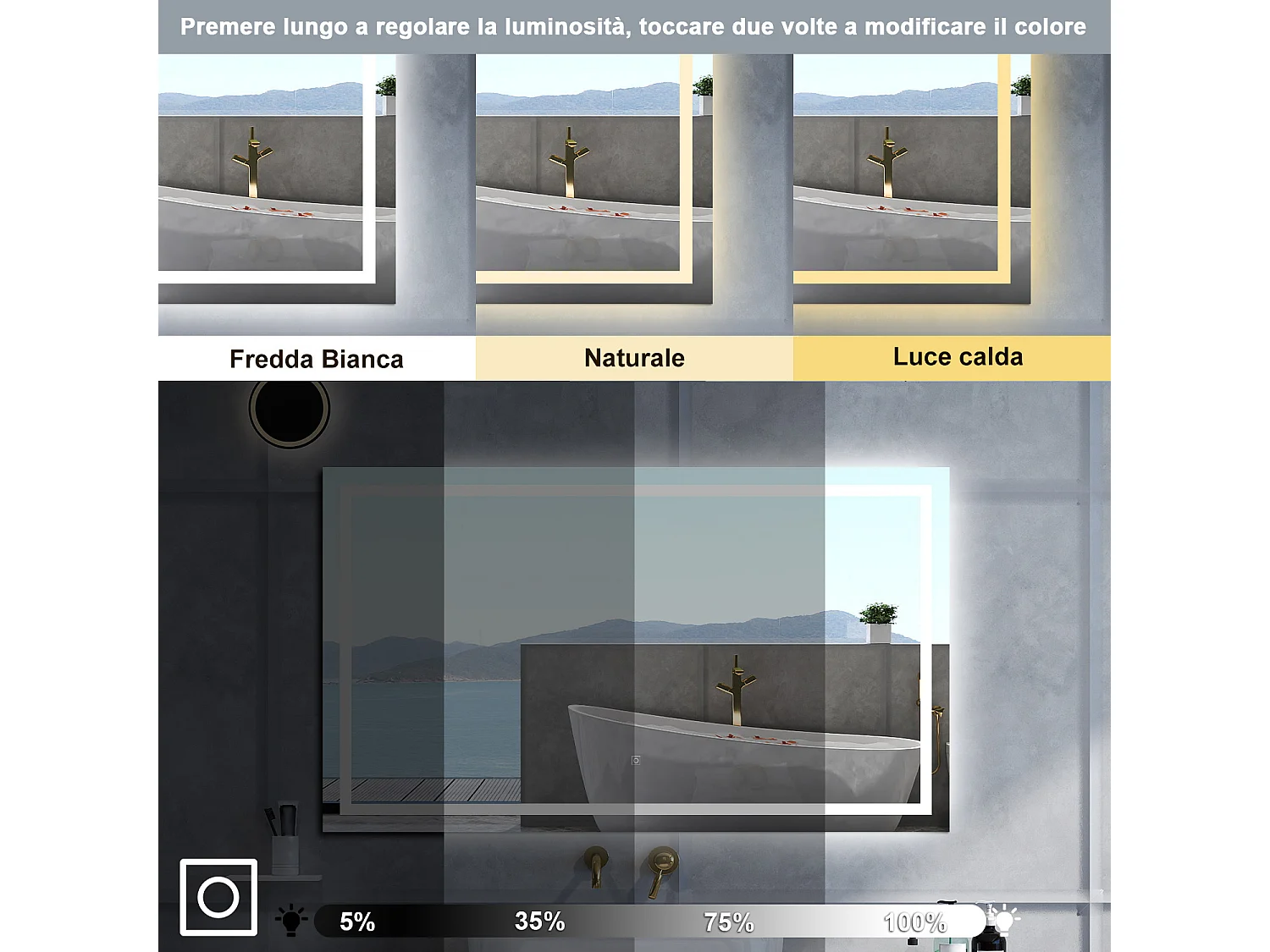 Specchio da bagno Rettangolare con 150x80cm,3 colori,Memoria, Antifog,Regorabile,Retroilluminato,doppio interruttore,