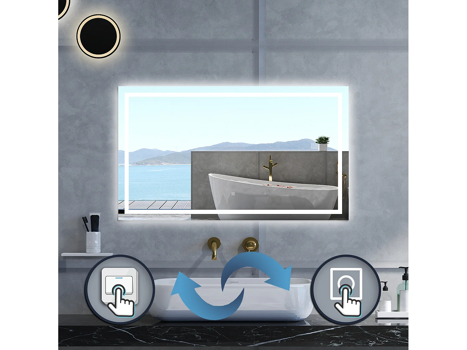 Specchio da bagno Rettangolare con 150x80cm,3 colori,Memoria, Antifog,Regorabile,Retroilluminato,doppio interruttore,