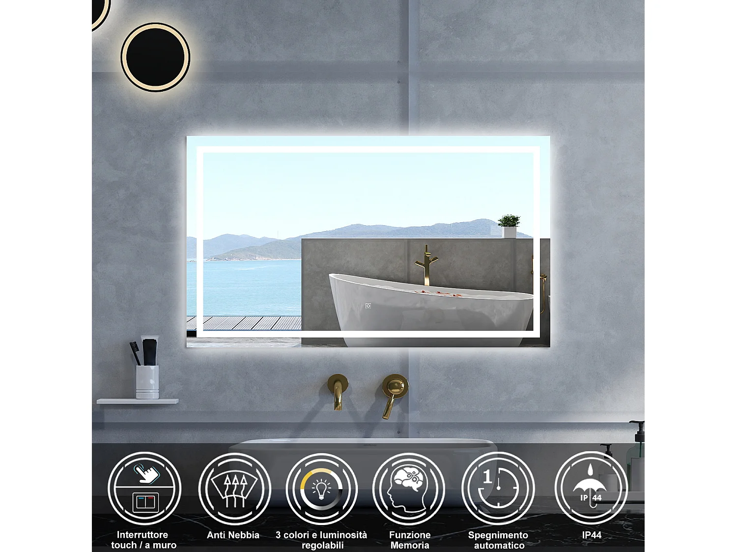 Specchio da bagno Rettangolare con 150x80cm,3 colori,Memoria, Antifog,Regorabile,Retroilluminato,doppio interruttore,