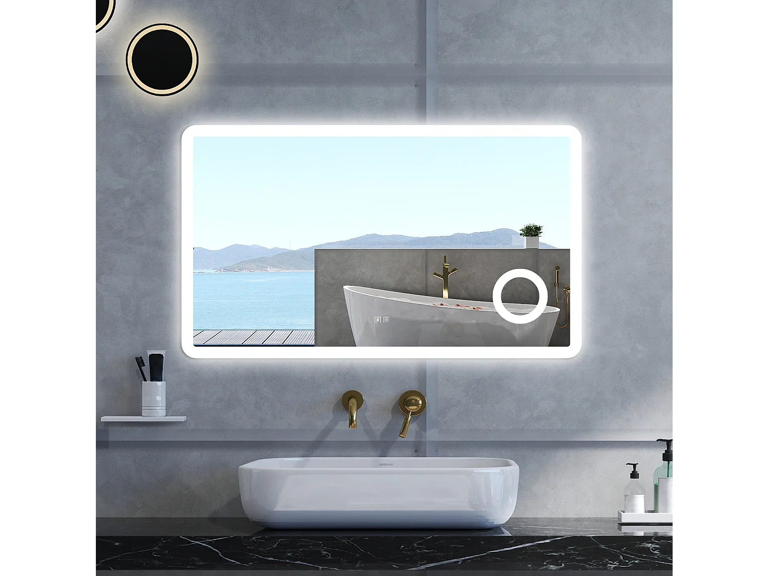 Specchio da bagno Rettangolare con 120x70cm,ingranditore 3x,Blue tooth,3 colori,Memoria, Antifog,Regorabile,Retroilluminato,doppio interruttore,