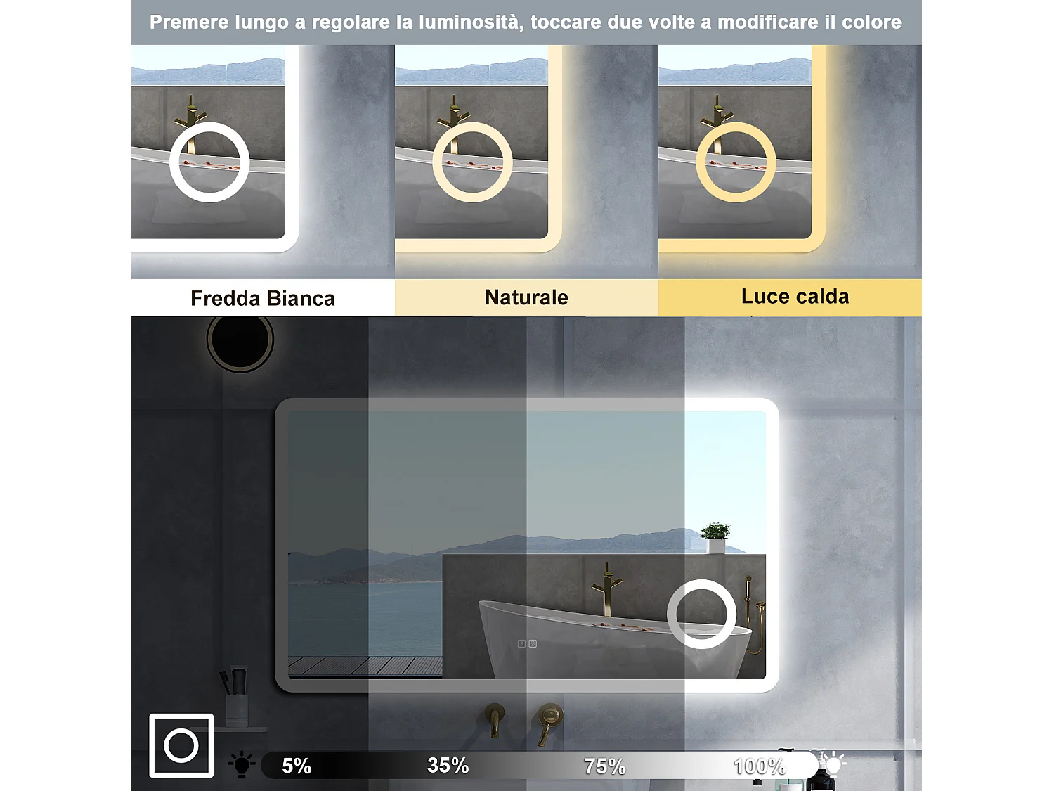 Specchio da bagno Rettangolare con 120x70cm,ingranditore 3x,Blue tooth,3 colori,Memoria, Antifog,Regorabile,Retroilluminato,doppio interruttore,