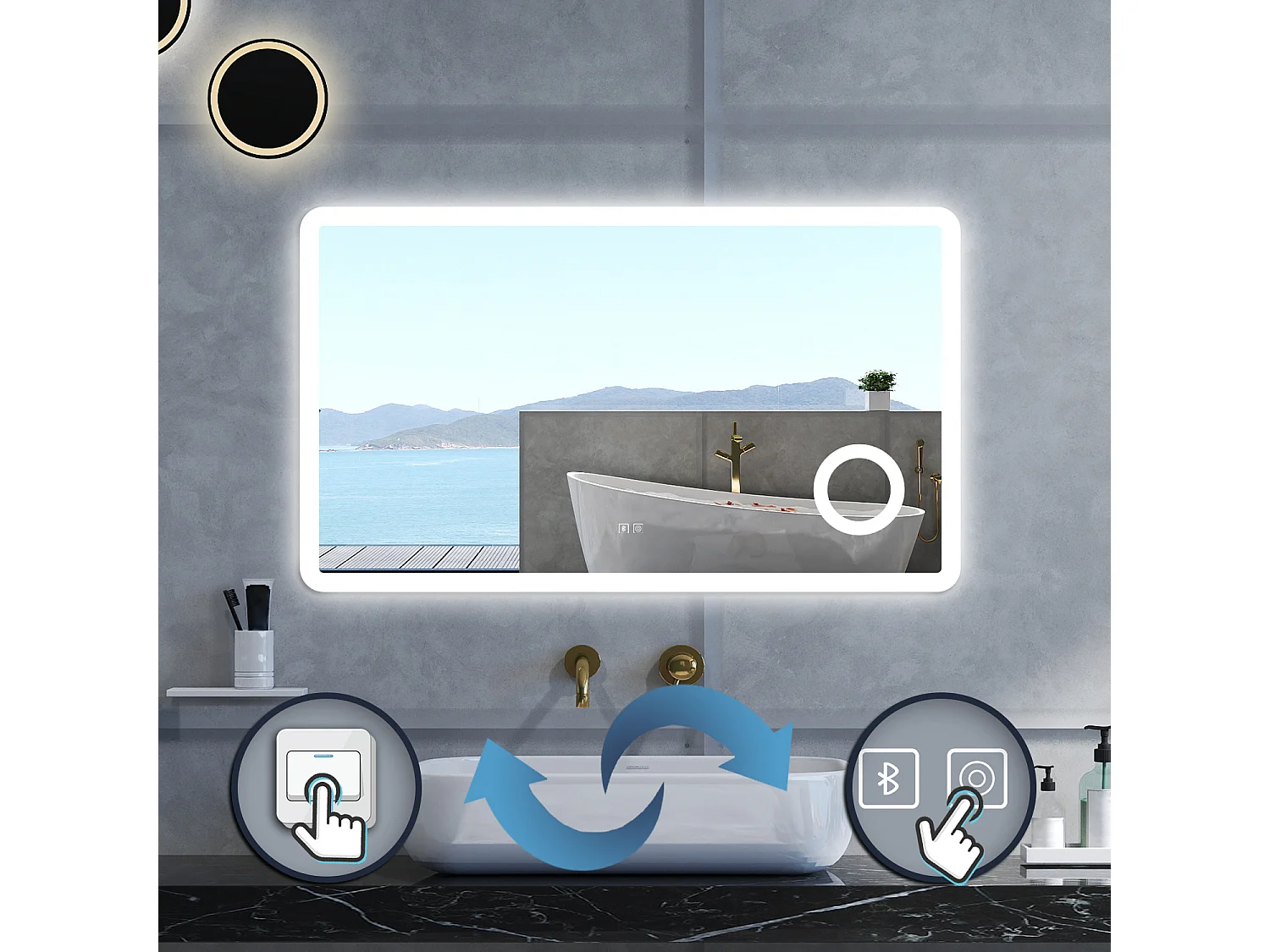 Specchio da bagno Rettangolare con 120x70cm,ingranditore 3x,Blue tooth,3 colori,Memoria, Antifog,Regorabile,Retroilluminato,doppio interruttore,