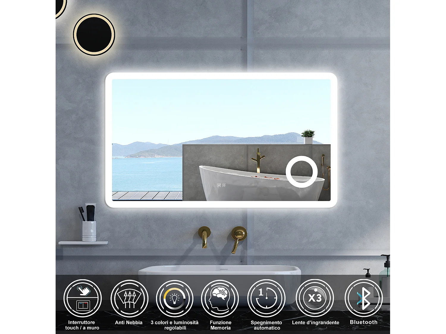 Specchio da bagno Rettangolare con 120x70cm,ingranditore 3x,Blue tooth,3 colori,Memoria, Antifog,Regorabile,Retroilluminato,doppio interruttore,