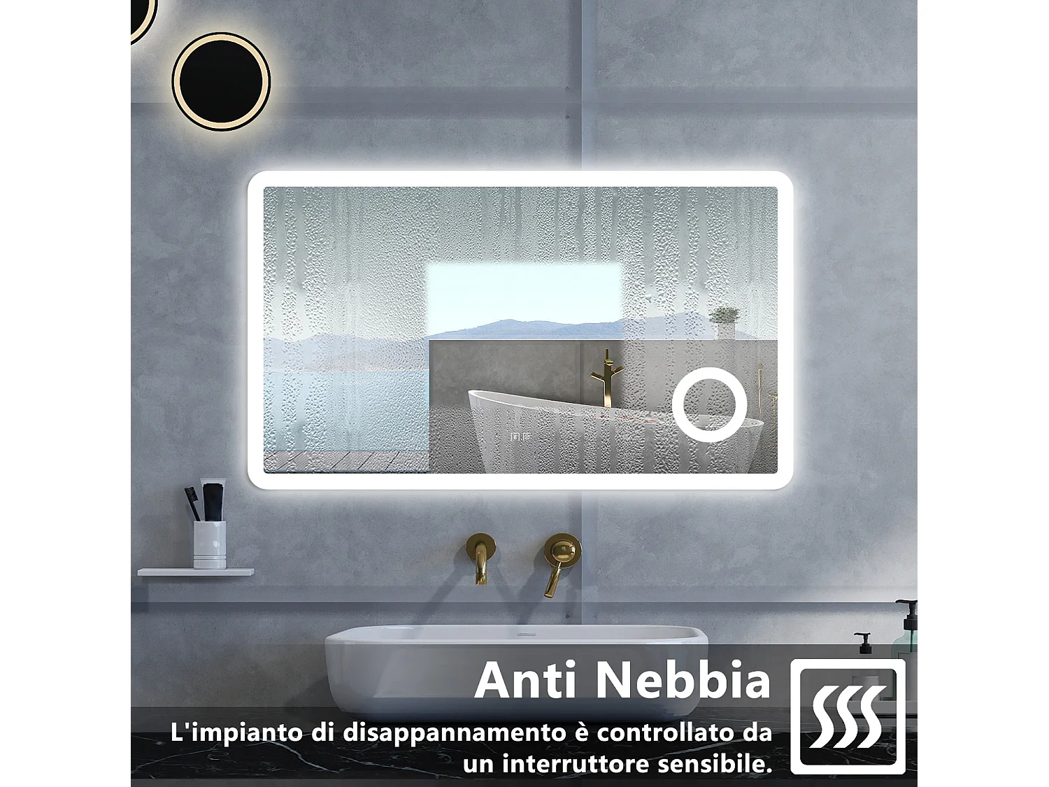 Specchio da bagno Rettangolare con 120x70cm,ingranditore 3x,Blue tooth,3 colori,Memoria, Antifog,Regorabile,Retroilluminato,doppio interruttore,
