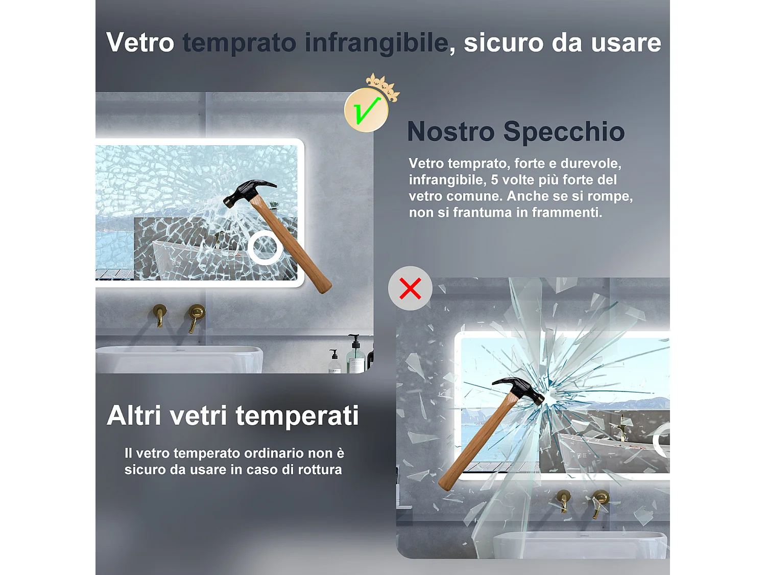 Specchio da bagno Rettangolare con 120x70cm,ingranditore 3x,Blue tooth,3 colori,Memoria, Antifog,Regorabile,Retroilluminato,doppio interruttore,