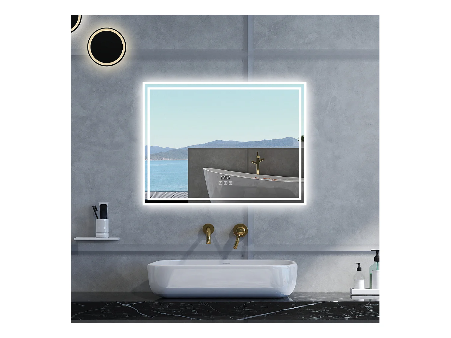 Specchio da bagno Rettangolare con 140x80cm,Blue tooth,orologi,3 colori,Memoria, Antifog,Regorabile,Retroilluminato,doppio interruttore,