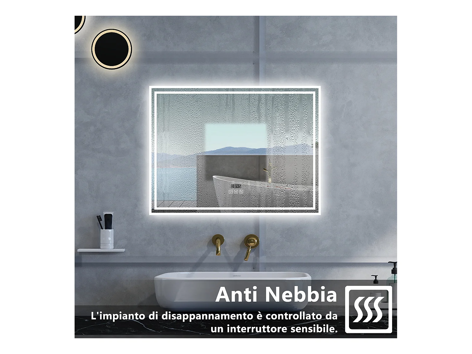 Specchio da bagno Rettangolare con 140x80cm,Blue tooth,orologi,3 colori,Memoria, Antifog,Regorabile,Retroilluminato,doppio interruttore,