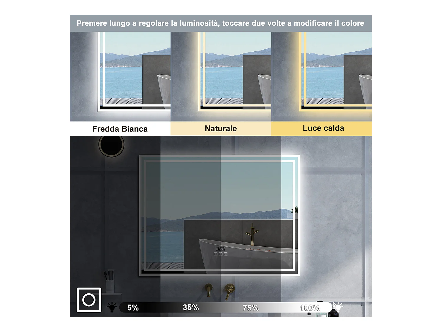 Specchio da bagno Rettangolare con 140x80cm,Blue tooth,orologi,3 colori,Memoria, Antifog,Regorabile,Retroilluminato,doppio interruttore,