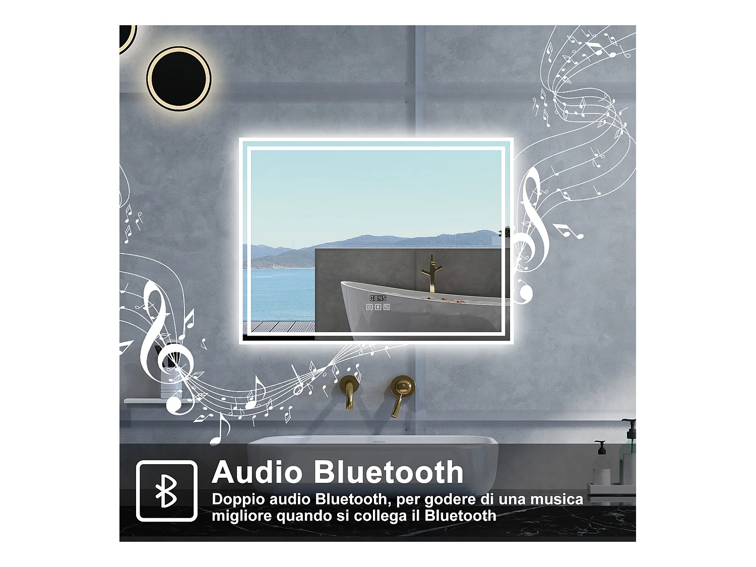 Specchio da bagno Rettangolare con 140x80cm,Blue tooth,orologi,3 colori,Memoria, Antifog,Regorabile,Retroilluminato,doppio interruttore,