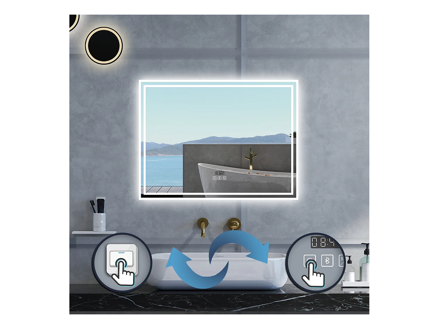 Specchio da bagno Rettangolare con 140x80cm,Blue tooth,orologi,3 colori,Memoria, Antifog,Regorabile,Retroilluminato,doppio interruttore,