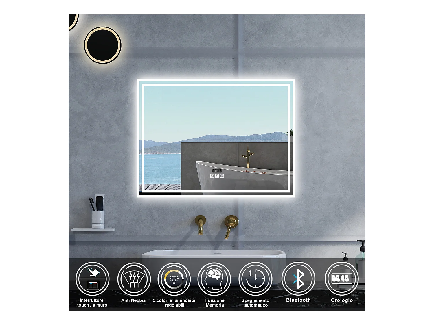 Specchio da bagno Rettangolare con 140x80cm,Blue tooth,orologi,3 colori,Memoria, Antifog,Regorabile,Retroilluminato,doppio interruttore,