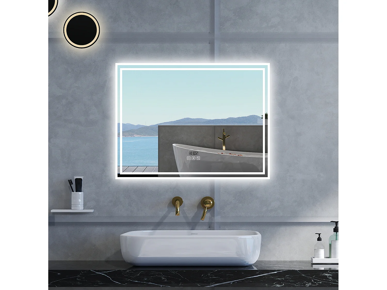 Specchio da bagno Rettangolare con 140x80cm,Blue tooth,orologi,3 colori,Memoria, Antifog,Regorabile,Retroilluminato,doppio interruttore,