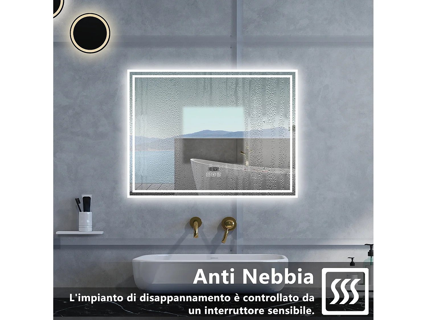 Specchio da bagno Rettangolare con 140x80cm,Blue tooth,orologi,3 colori,Memoria, Antifog,Regorabile,Retroilluminato,doppio interruttore,