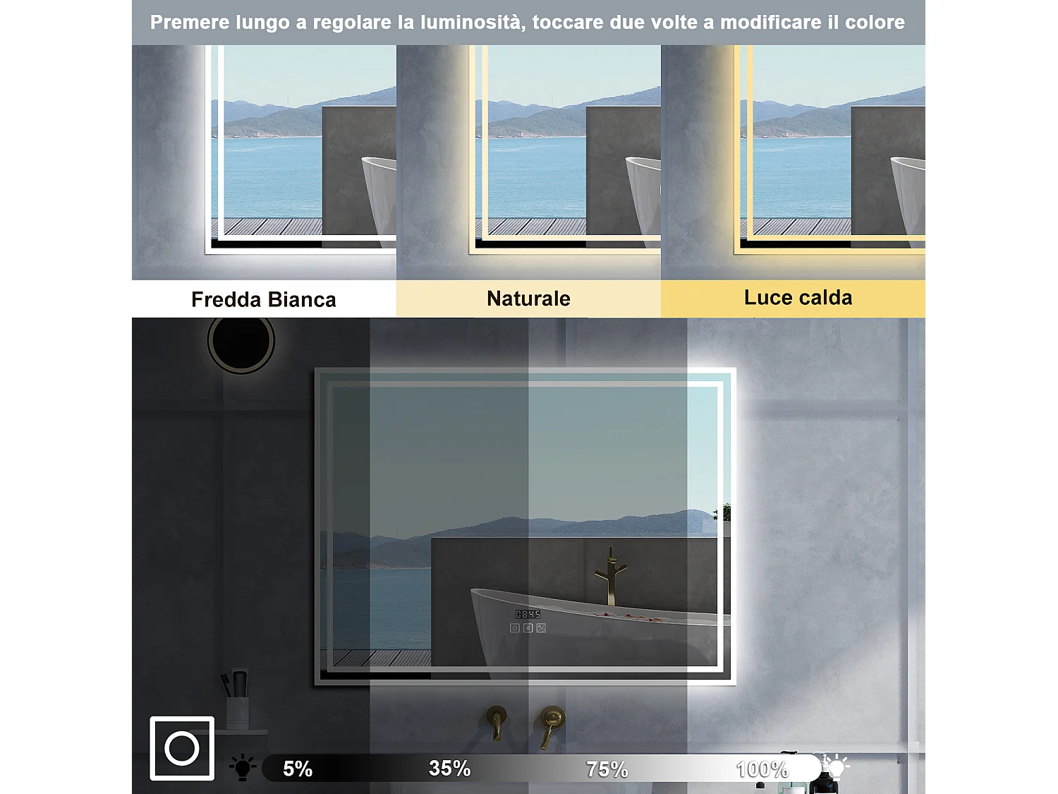 Specchio da bagno Rettangolare con 140x80cm,Blue tooth,orologi,3 colori,Memoria, Antifog,Regorabile,Retroilluminato,doppio interruttore,