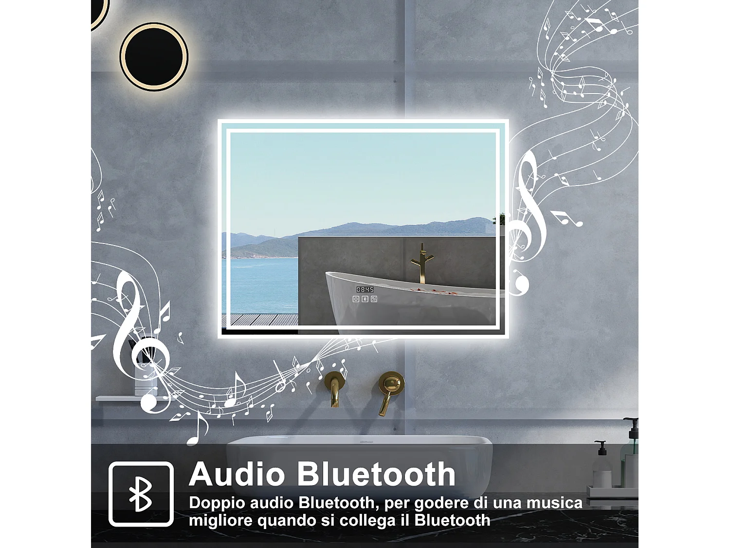 Specchio da bagno Rettangolare con 140x80cm,Blue tooth,orologi,3 colori,Memoria, Antifog,Regorabile,Retroilluminato,doppio interruttore,