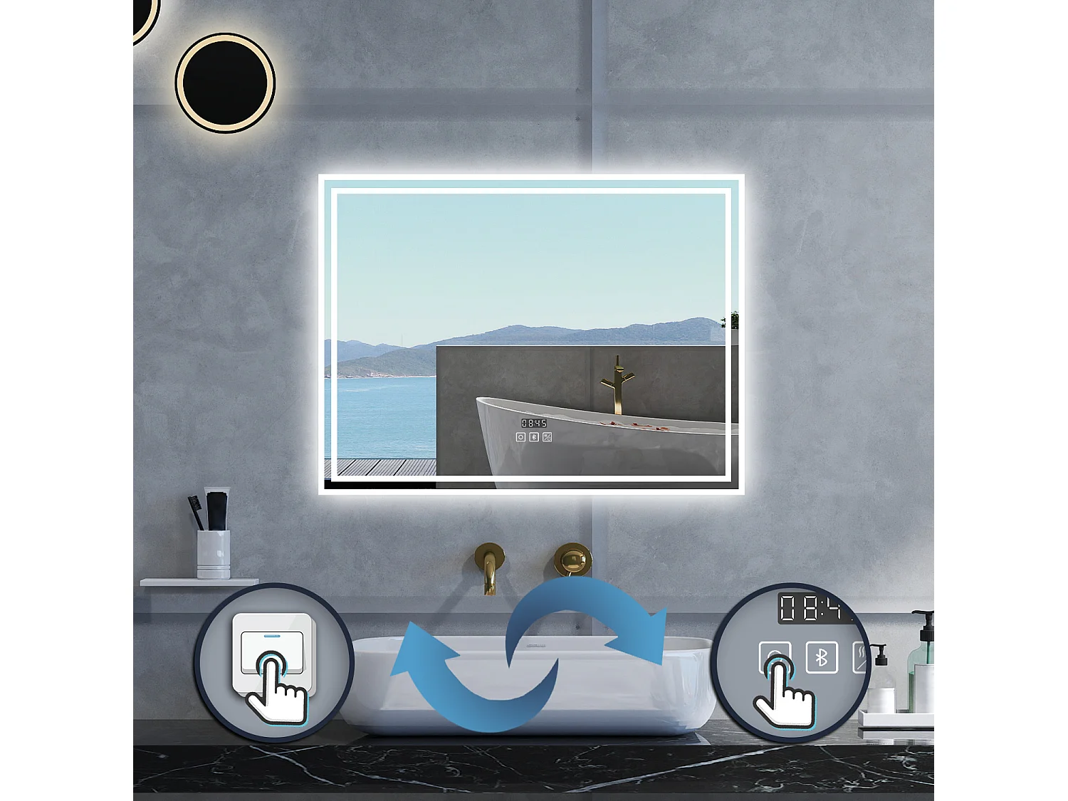 Specchio da bagno Rettangolare con 140x80cm,Blue tooth,orologi,3 colori,Memoria, Antifog,Regorabile,Retroilluminato,doppio interruttore,