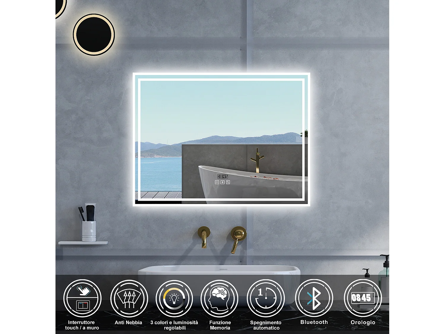 Specchio da bagno Rettangolare con 140x80cm,Blue tooth,orologi,3 colori,Memoria, Antifog,Regorabile,Retroilluminato,doppio interruttore,