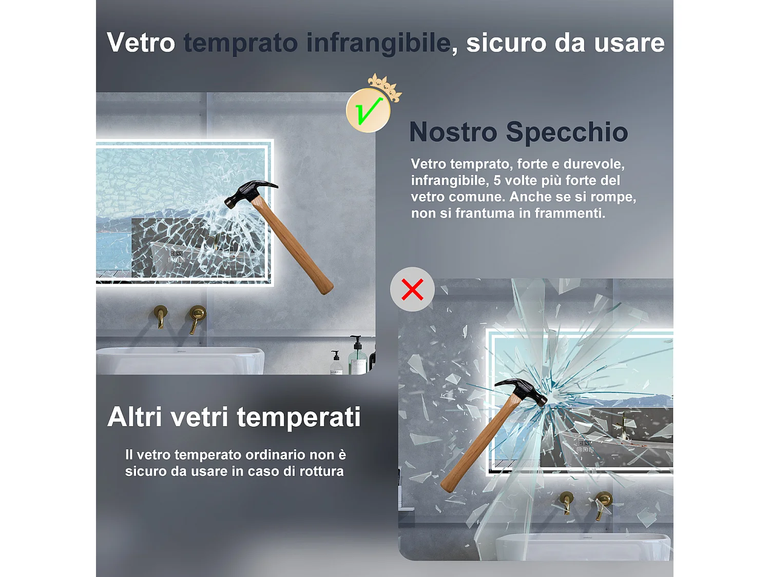 Specchio da bagno Rettangolare con 140x80cm,Blue tooth,orologi,3 colori,Memoria, Antifog,Regorabile,Retroilluminato,doppio interruttore,