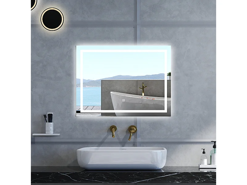 Specchio da bagno Rettangolare con 120x80cm,3 colori,Memoria, Antifog,Regorabile,Retroilluminato,doppio interruttore,