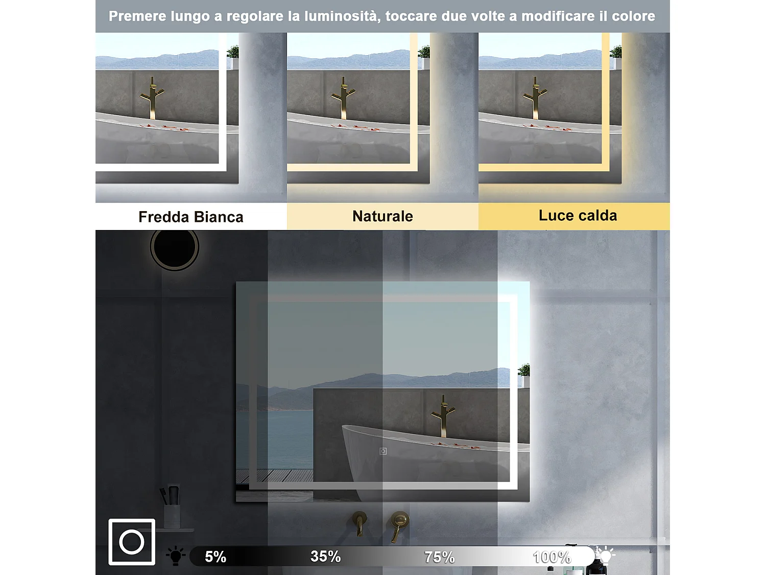 Specchio da bagno Rettangolare con 120x80cm,3 colori,Memoria, Antifog,Regorabile,Retroilluminato,doppio interruttore,