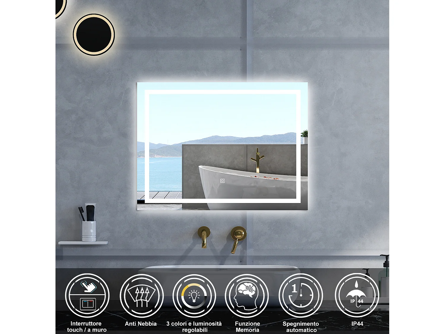 Specchio da bagno Rettangolare con 120x80cm,3 colori,Memoria, Antifog,Regorabile,Retroilluminato,doppio interruttore,