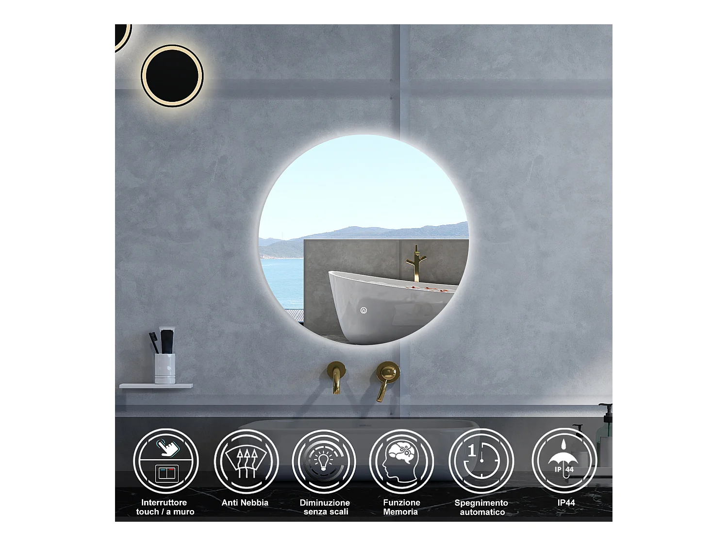 Specchio da bagno Rotondo con 80cm,Memoria, Antifog,Regorabile,Retroilluminato,doppio interruttore,