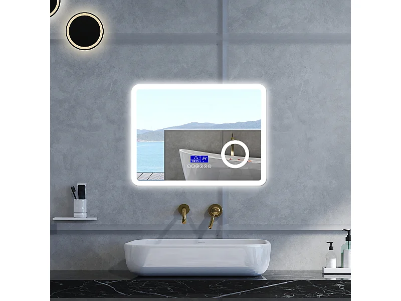 Specchio da bagno Rettangolare con 80x60cm,ingranditore 3x,orologiBlue tooth,3 colori,Memoria, Antifog,Regorabile,Retroilluminato,doppio interruttore,