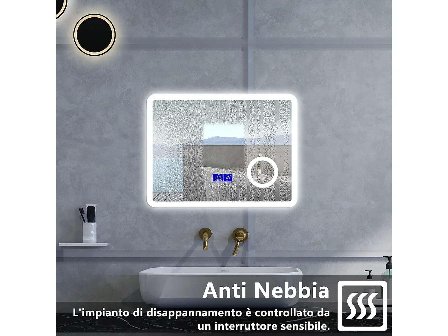 Specchio da bagno Rettangolare con 80x60cm,ingranditore 3x,orologiBlue tooth,3 colori,Memoria, Antifog,Regorabile,Retroilluminato,doppio interruttore,