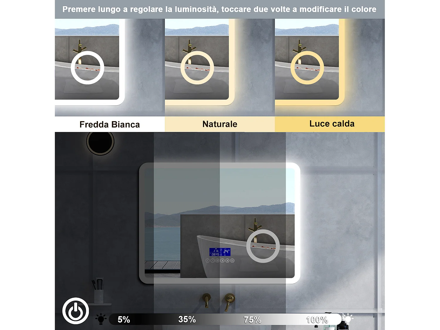 Specchio da bagno Rettangolare con 80x60cm,ingranditore 3x,orologiBlue tooth,3 colori,Memoria, Antifog,Regorabile,Retroilluminato,doppio interruttore,
