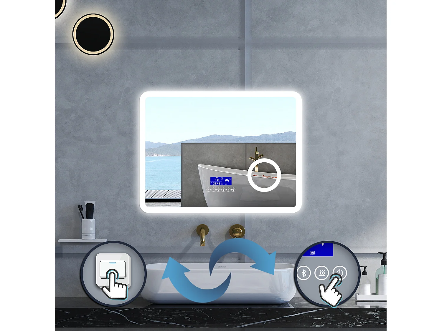 Specchio da bagno Rettangolare con 80x60cm,ingranditore 3x,orologiBlue tooth,3 colori,Memoria, Antifog,Regorabile,Retroilluminato,doppio interruttore,