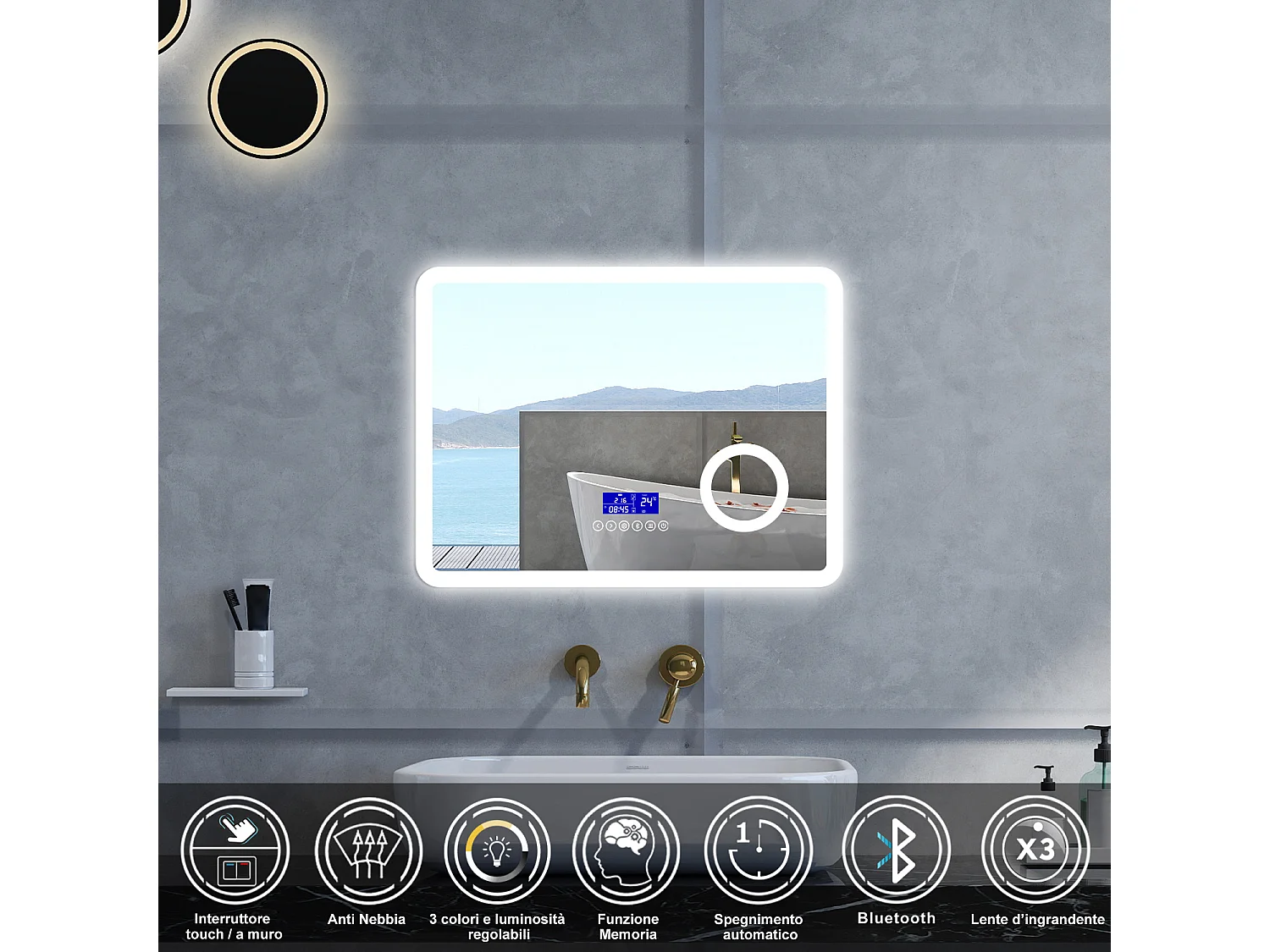 Specchio da bagno Rettangolare con 80x60cm,ingranditore 3x,orologiBlue tooth,3 colori,Memoria, Antifog,Regorabile,Retroilluminato,doppio interruttore,