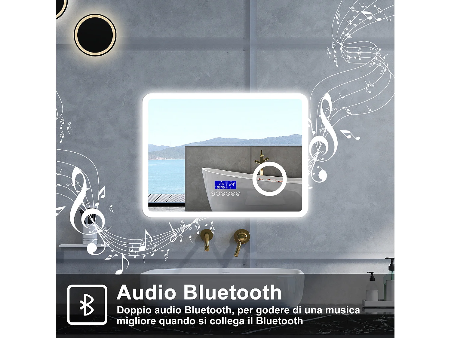 Specchio da bagno Rettangolare con 80x60cm,ingranditore 3x,orologiBlue tooth,3 colori,Memoria, Antifog,Regorabile,Retroilluminato,doppio interruttore,