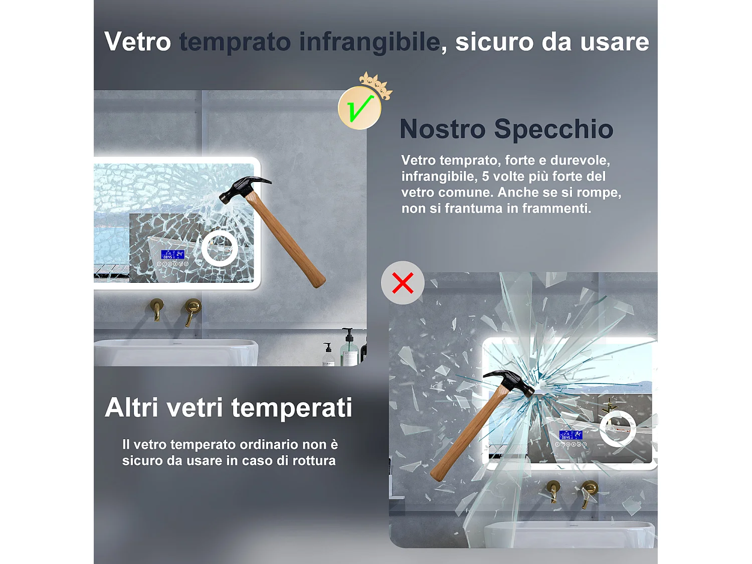 Specchio da bagno Rettangolare con 80x60cm,ingranditore 3x,orologiBlue tooth,3 colori,Memoria, Antifog,Regorabile,Retroilluminato,doppio interruttore,