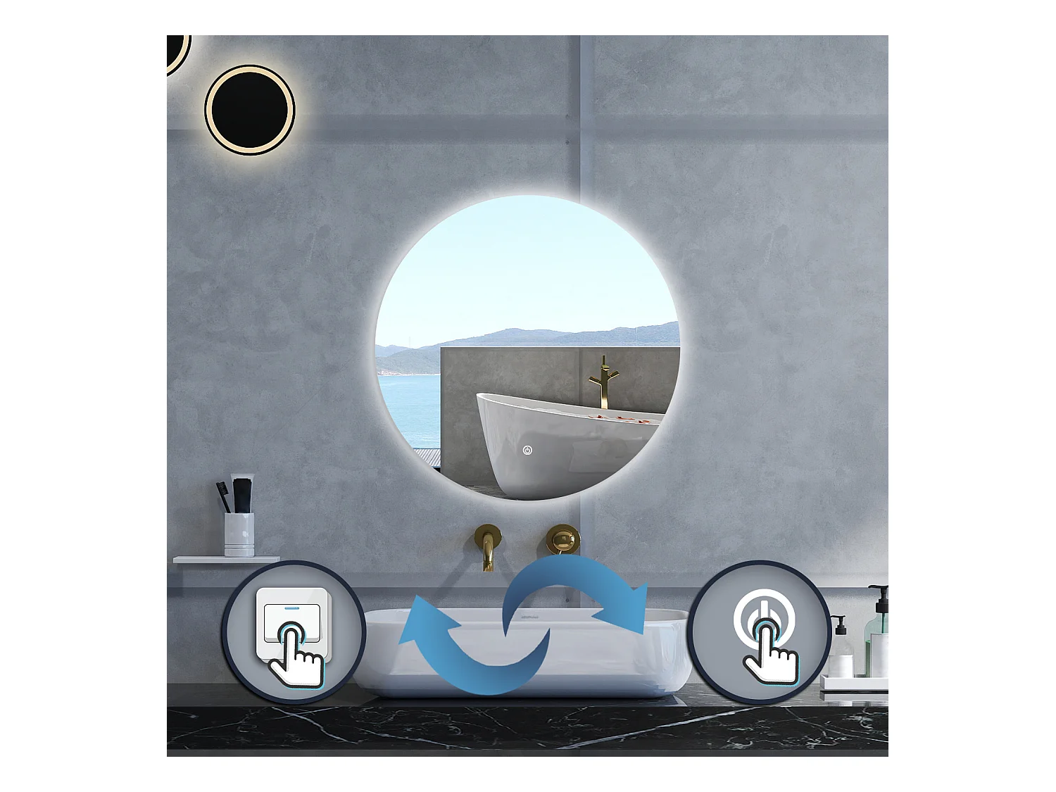 Specchio da bagno Rotondo con 100cm,Memoria, Antifog,Regorabile,Retroilluminato,doppio interruttore,