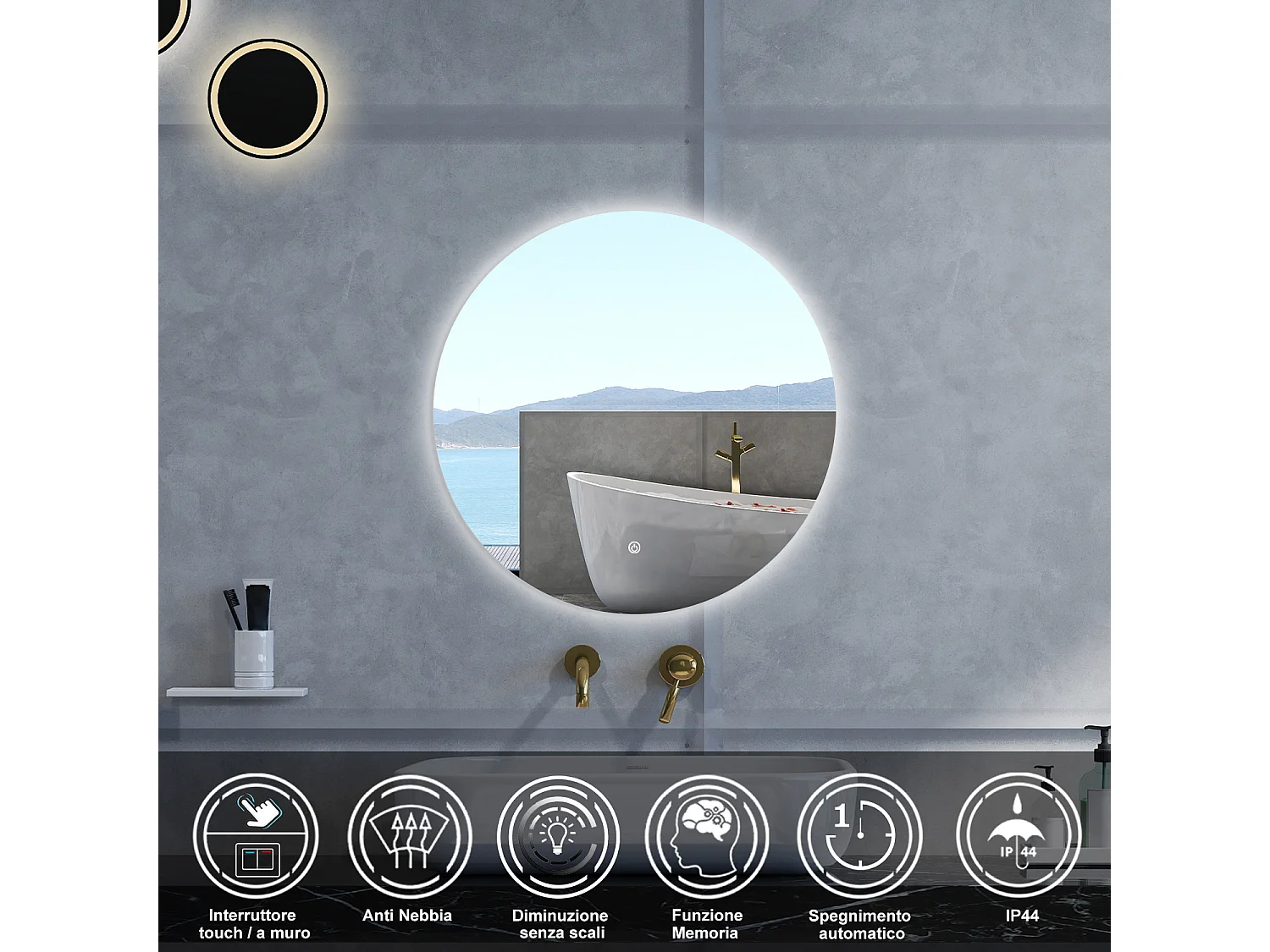 Specchio da bagno Rotondo con 100cm,Memoria, Antifog,Regorabile,Retroilluminato,doppio interruttore,