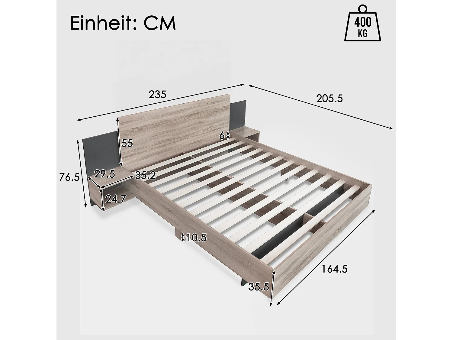 Houten tweepersoonsbed - 160 x 200 cm - met 2 nachtkastjes + hoofdeinde - hout - naturel