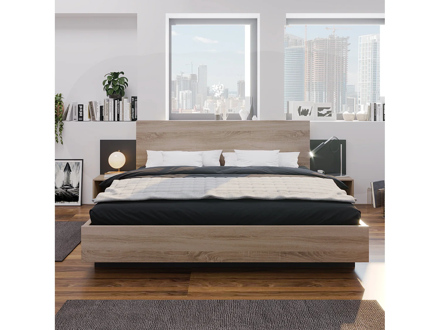 Houten tweepersoonsbed - 160 x 200 cm - met 2 nachtkastjes + hoofdeinde - hout - naturel