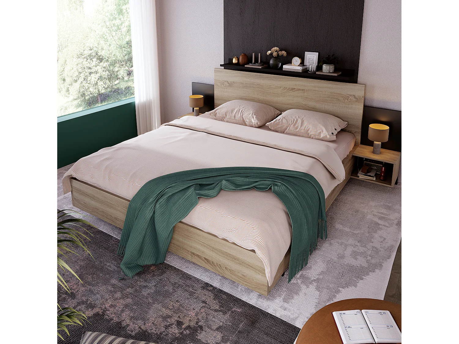 Houten tweepersoonsbed - 160 x 200 cm - met 2 nachtkastjes + hoofdeinde - hout - naturel