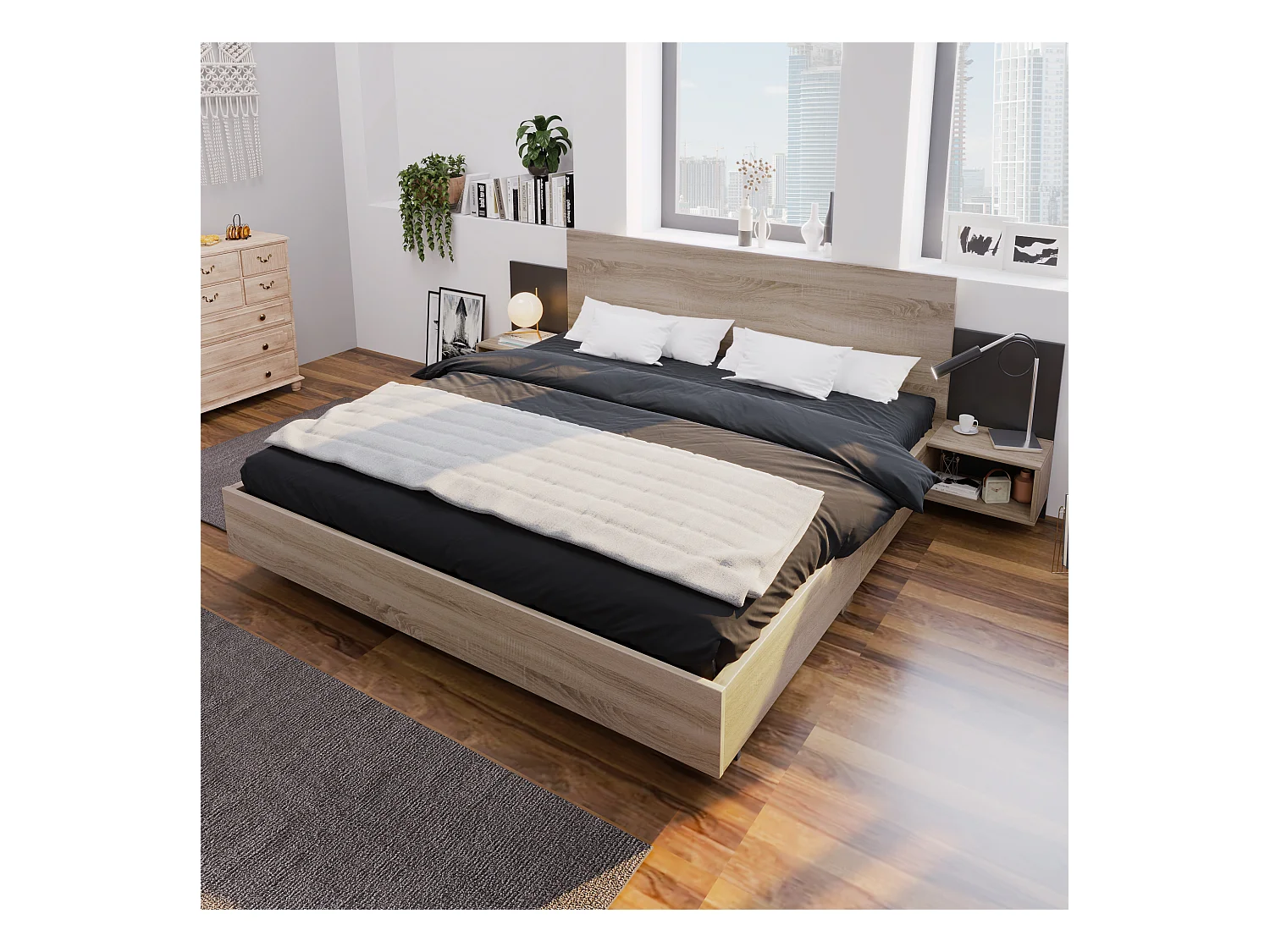 Lit double en bois - 160 x 200 cm - avec 2 tables de chevet + tête de lit - bois - naturel