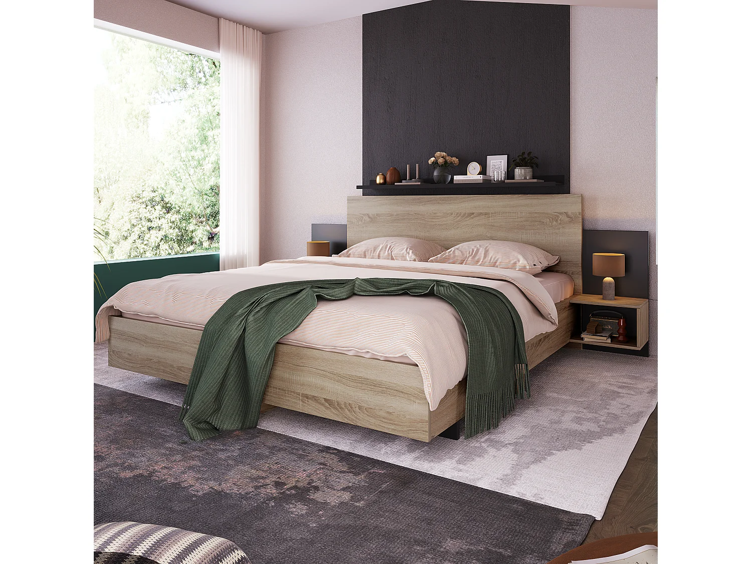 Letto matrimoniale in legno - 160 x 200 cm - con 2 comodini + testiera - legno - naturale