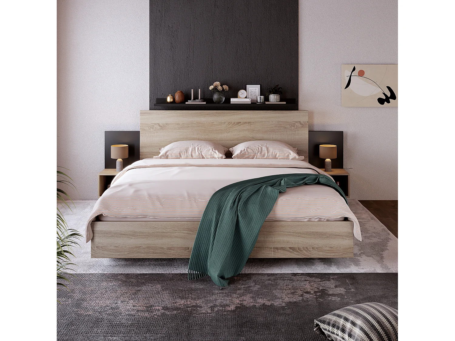 Letto matrimoniale in legno - 160 x 200 cm - con 2 comodini + testiera - legno - naturale