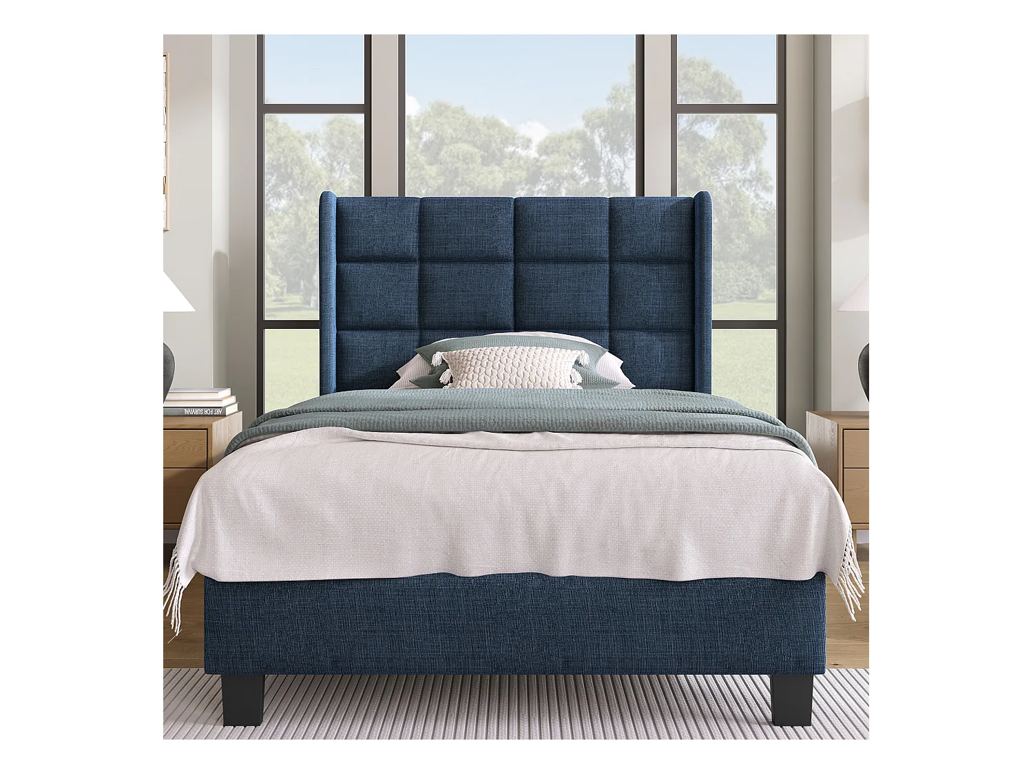 Lit simple en lin bleu 90x200 cm avec tête de lit rembourrée et lattes, design moderne et élégant