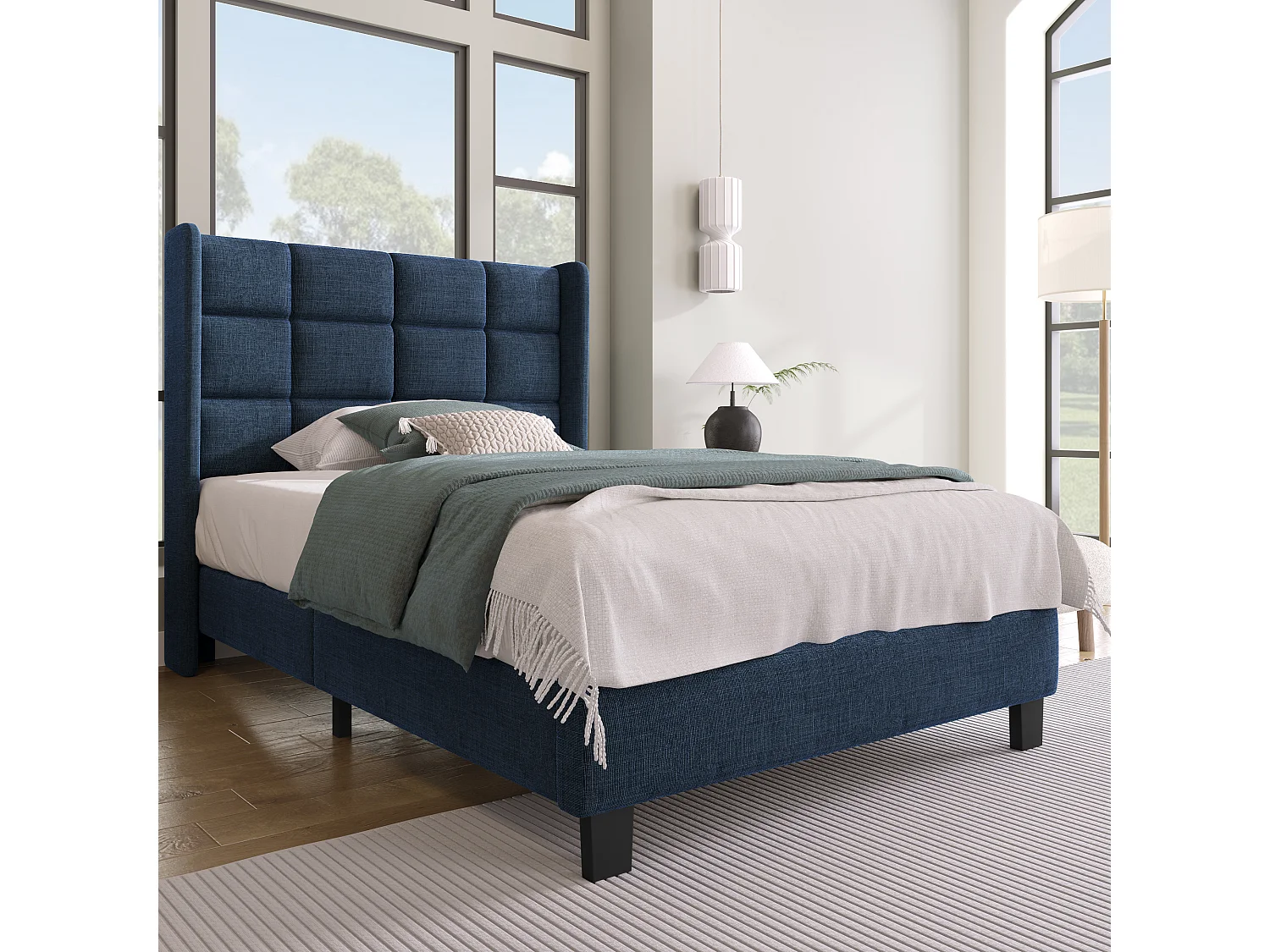 Lit simple en lin bleu 90x200 cm avec tête de lit rembourrée et lattes, design moderne et élégant