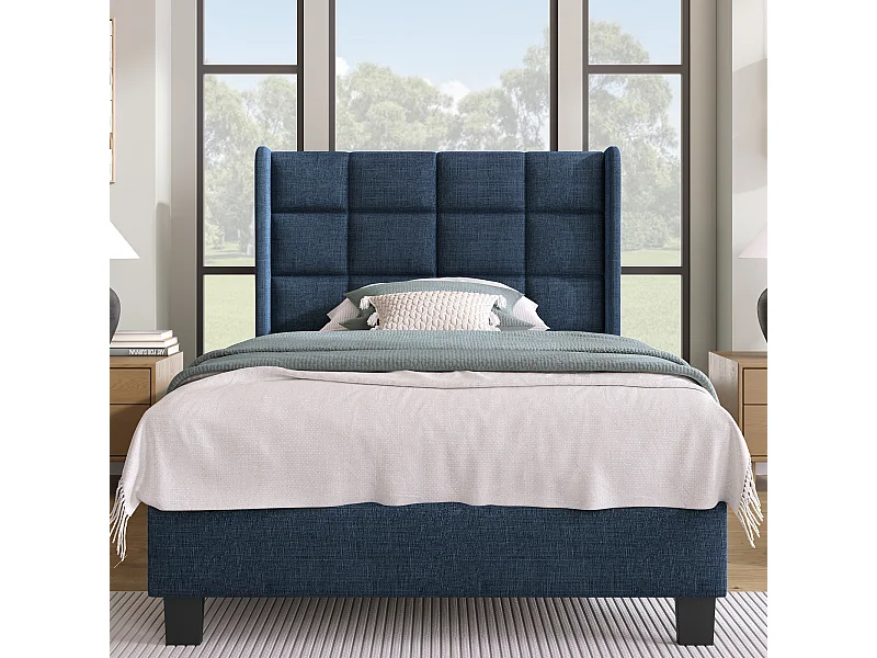 Lit simple en lin bleu 90x200 cm avec tête de lit rembourrée et lattes, design moderne et élégant